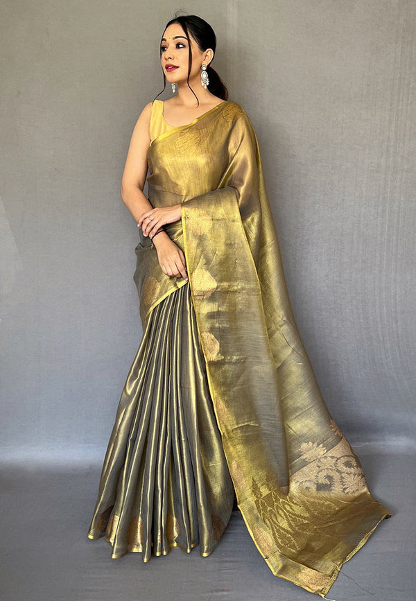 Lime Green Elegant Woven Tissue Silk Saree with Gold Accents & Unstitched Blouse Piece – Party & Festive Wear ClothsVilla
