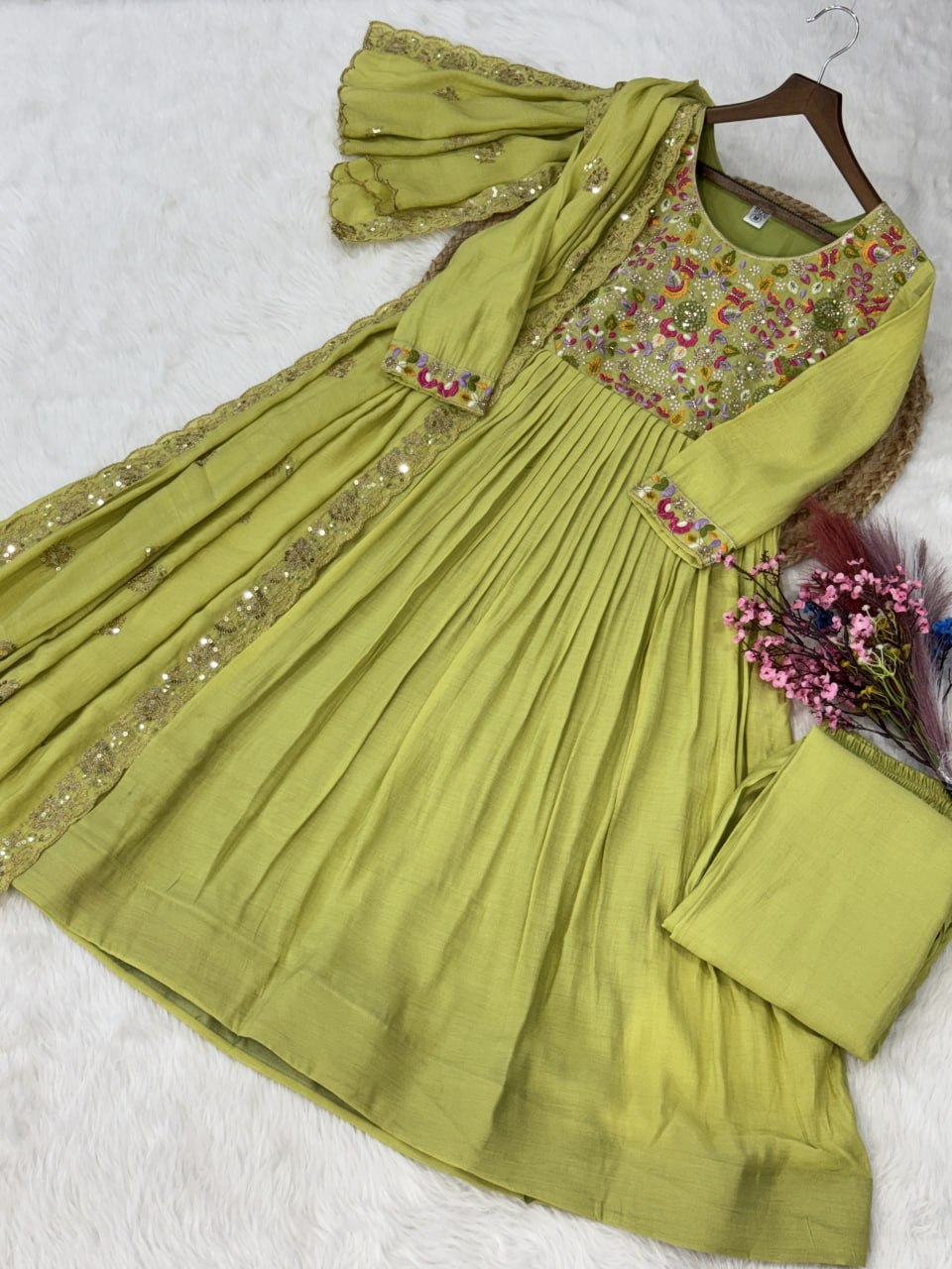Lime Green Embroidered Gown Set ClothsVilla