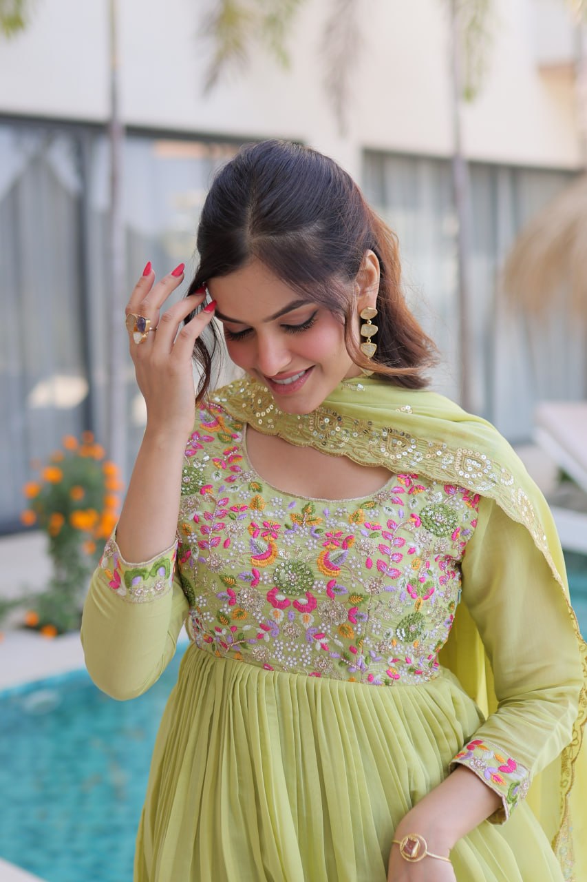 Lime Green Embroidered Gown Set ClothsVilla