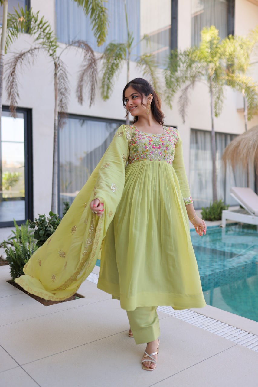 Lime Green Embroidered Gown Set ClothsVilla
