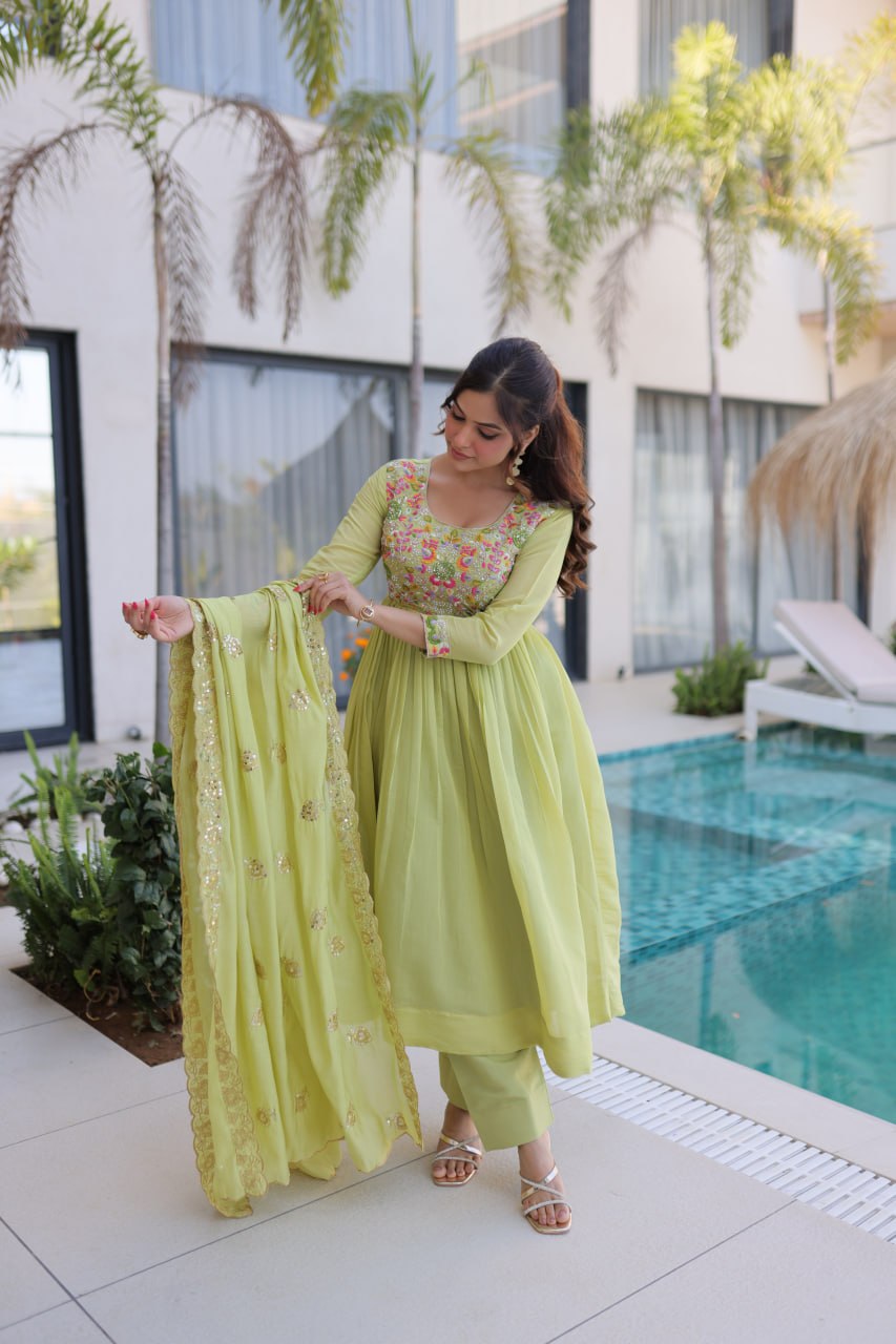 Lime Green Embroidered Gown Set ClothsVilla