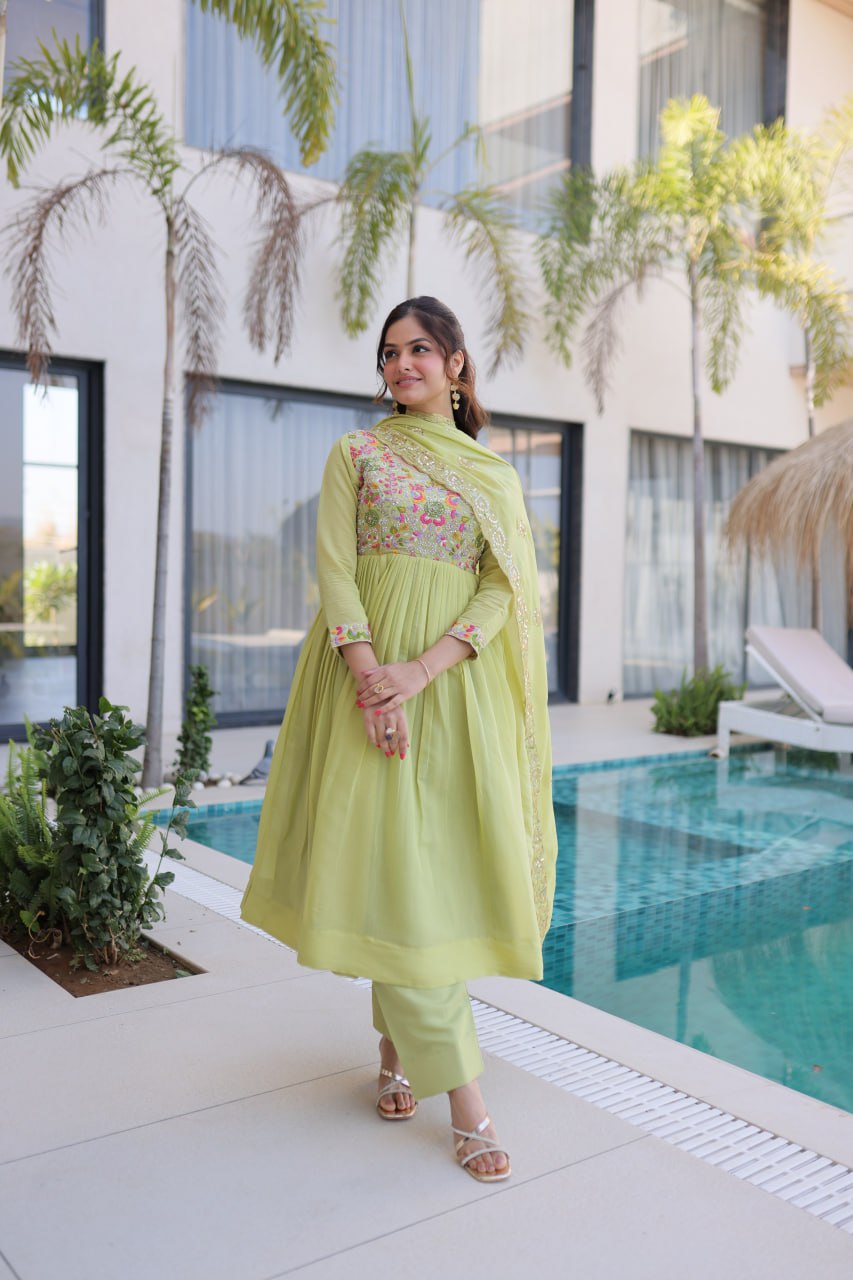 Lime Green Embroidered Gown Set ClothsVilla