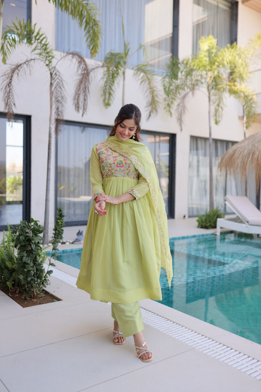 Lime Green Embroidered Gown Set ClothsVilla