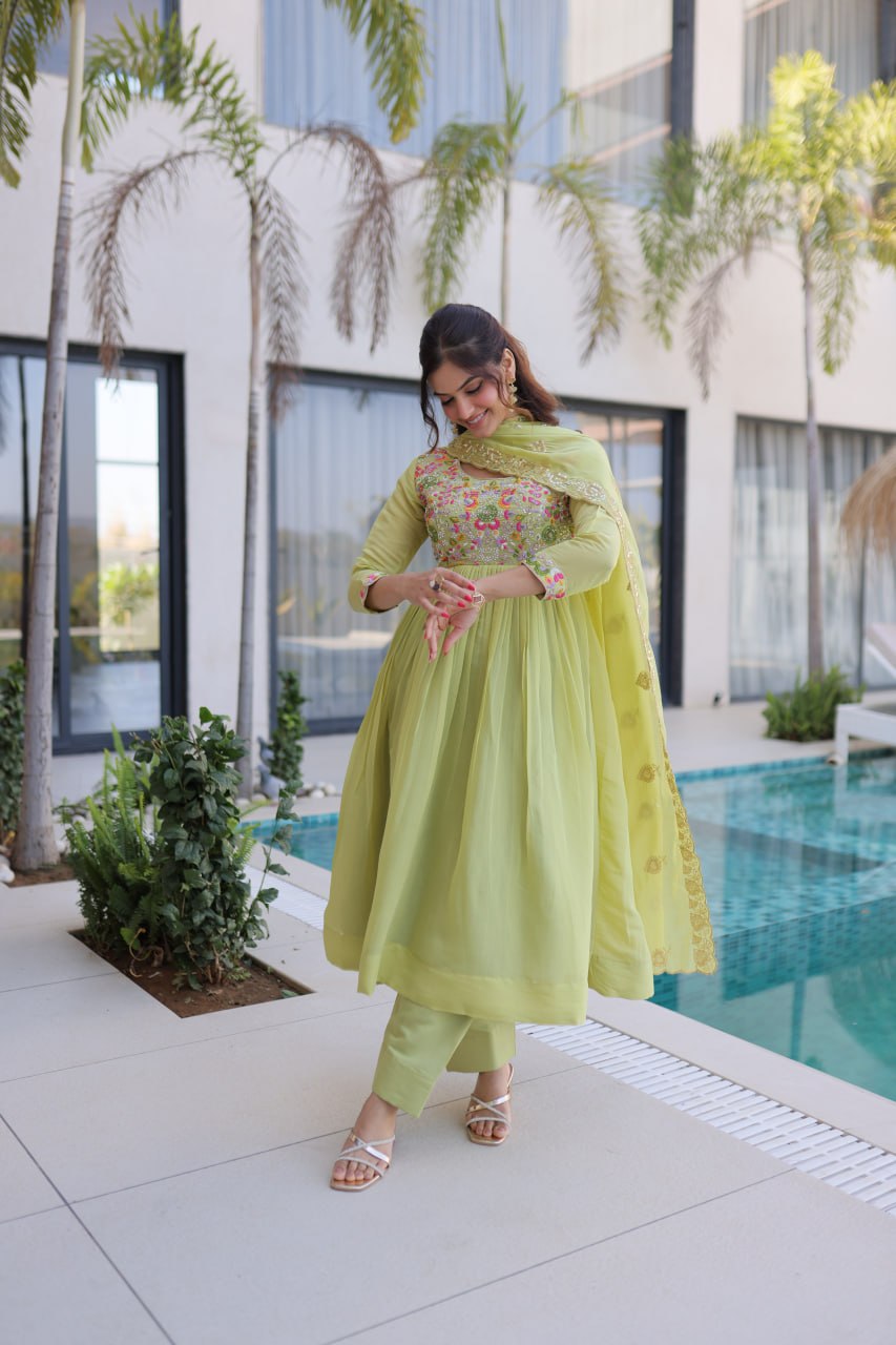 Lime Green Embroidered Gown Set ClothsVilla