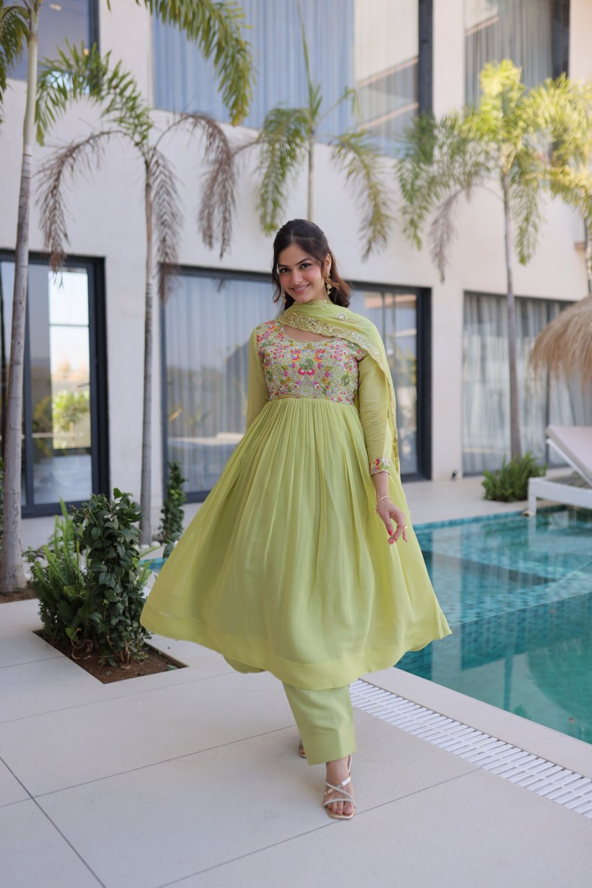 Lime Green Embroidered Gown Set ClothsVilla