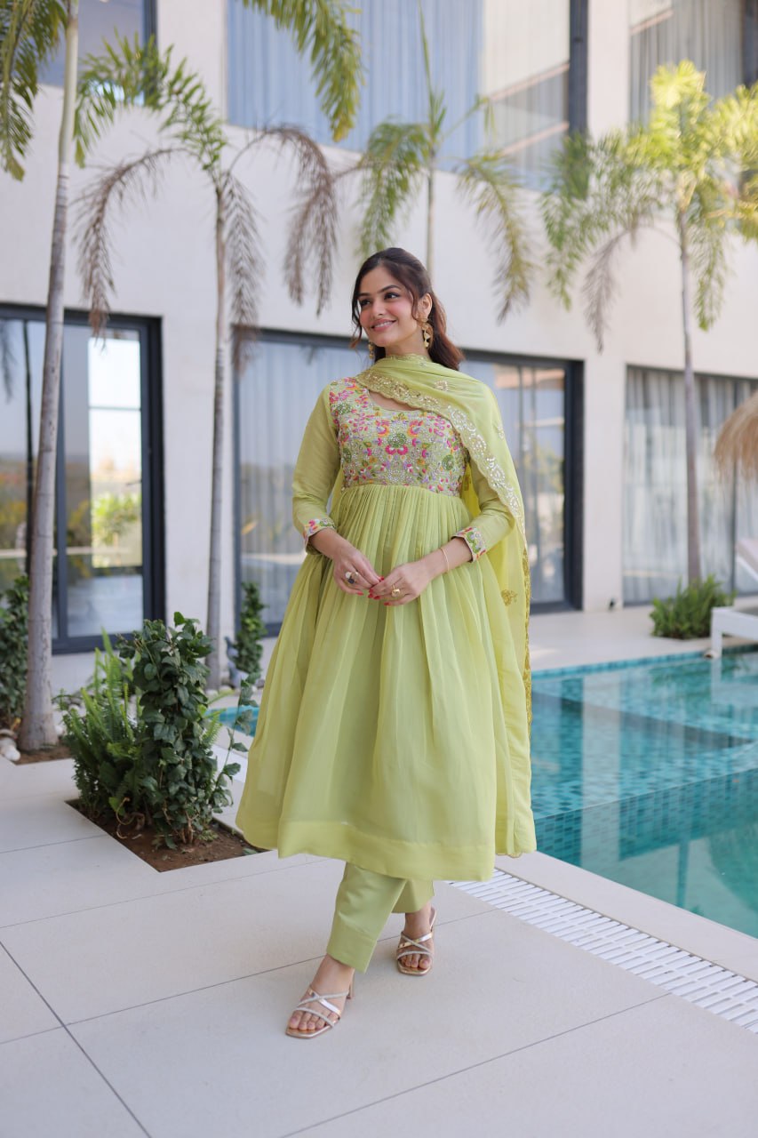 Lime Green Embroidered Gown Set ClothsVilla