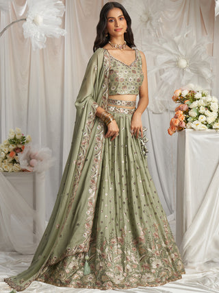 Lime Green Georgette Sequin embroidery Semi-Stitched Lehenga choli & Dupatta ClothsVilla