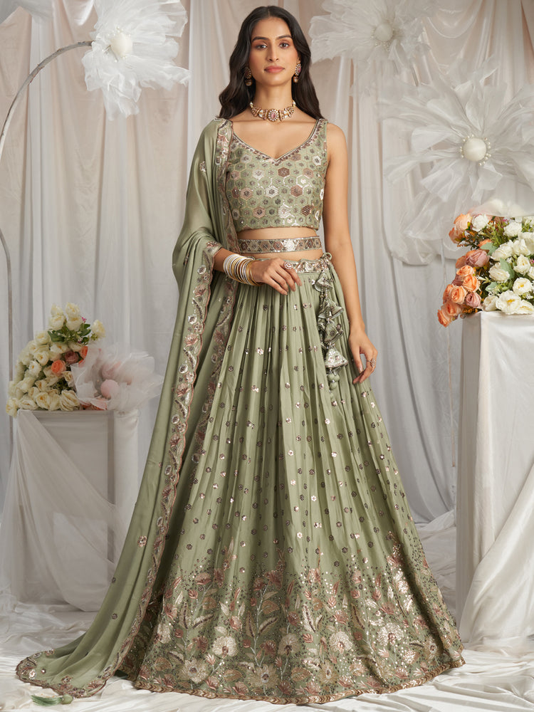 Lime Green Georgette Sequin embroidery Semi-Stitched Lehenga choli & Dupatta ClothsVilla