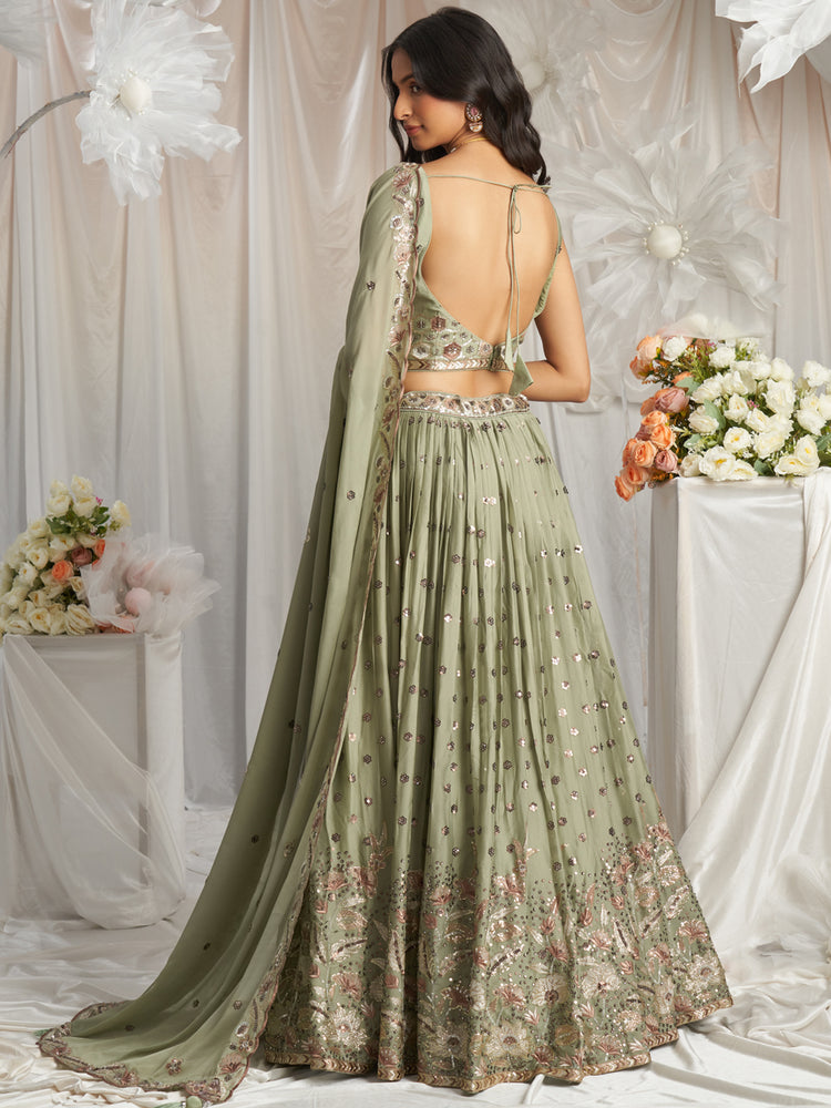 Lime Green Georgette Sequin embroidery Semi-Stitched Lehenga choli & Dupatta ClothsVilla