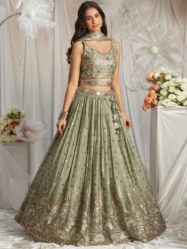 Lime Green Georgette Sequin embroidery Semi-Stitched Lehenga choli & Dupatta ClothsVilla