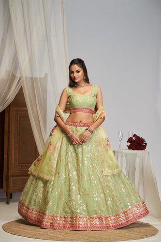 Lime Green Georgette Zari & Sequin Embroidered Semi-Stitched Lehenga Choli with Floral Organza Embroidered Dupatta ClothsVilla