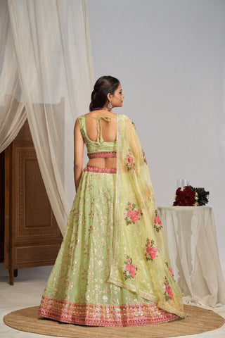 Lime Green Georgette Zari & Sequin Embroidered Semi-Stitched Lehenga Choli with Floral Organza Embroidered Dupatta ClothsVilla