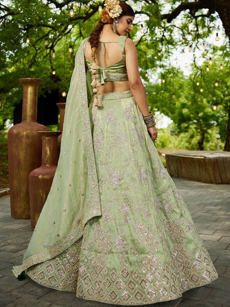 Lime Green Golden Tissue Lehenga Choli Set with Heavy Sequin & Thread Embroidery  Semi-Stitched Full Flare Lehenga with Ethnic Dupatta ClothsVilla