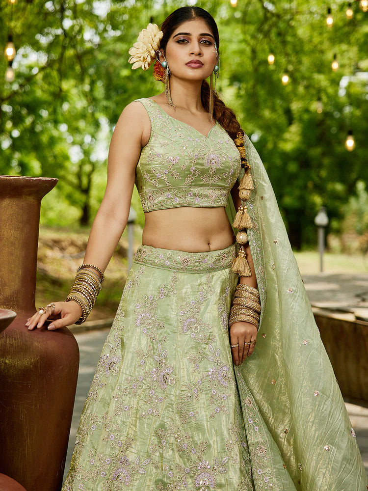 Lime Green Golden Tissue Lehenga Choli Set with Heavy Sequin & Thread Embroidery  Semi-Stitched Full Flare Lehenga with Ethnic Dupatta ClothsVilla