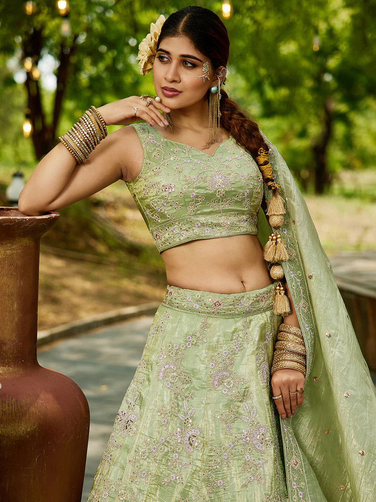 Lime Green Golden Tissue Lehenga Choli Set with Heavy Sequin & Thread Embroidery  Semi-Stitched Full Flare Lehenga with Ethnic Dupatta ClothsVilla