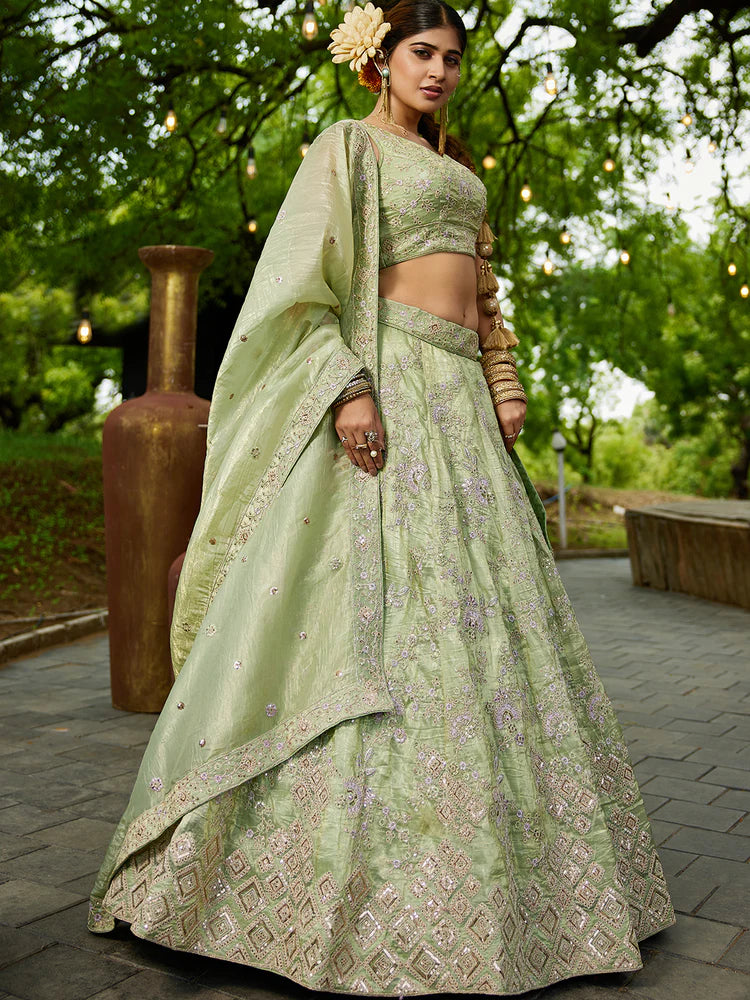Lime Green Golden Tissue Lehenga Choli Set with Heavy Sequin & Thread Embroidery  Semi-Stitched Full Flare Lehenga with Ethnic Dupatta ClothsVilla