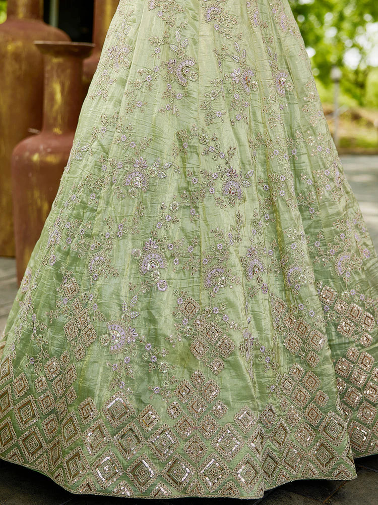 Lime Green Golden Tissue Lehenga Choli Set with Heavy Sequin & Thread Embroidery  Semi-Stitched Full Flare Lehenga with Ethnic Dupatta ClothsVilla