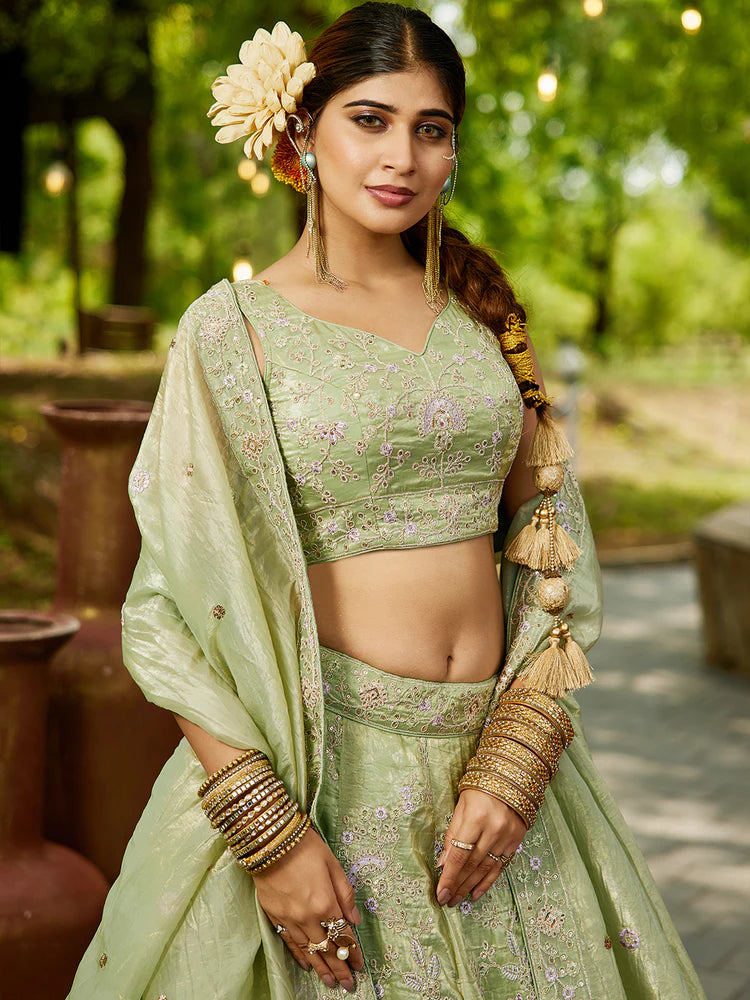 Lime Green Golden Tissue Lehenga Choli Set with Heavy Sequin & Thread Embroidery  Semi-Stitched Full Flare Lehenga with Ethnic Dupatta ClothsVilla