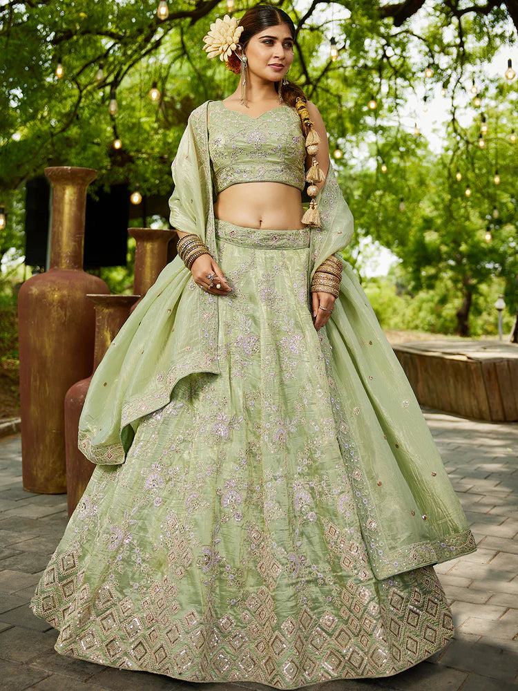 Lime Green Golden Tissue Lehenga Choli Set with Heavy Sequin & Thread Embroidery  Semi-Stitched Full Flare Lehenga with Ethnic Dupatta ClothsVilla