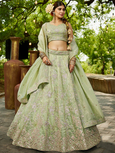 Lime Green Golden Tissue Lehenga Choli Set with Heavy Sequin & Thread Embroidery  Semi-Stitched Full Flare Lehenga with Ethnic Dupatta ClothsVilla