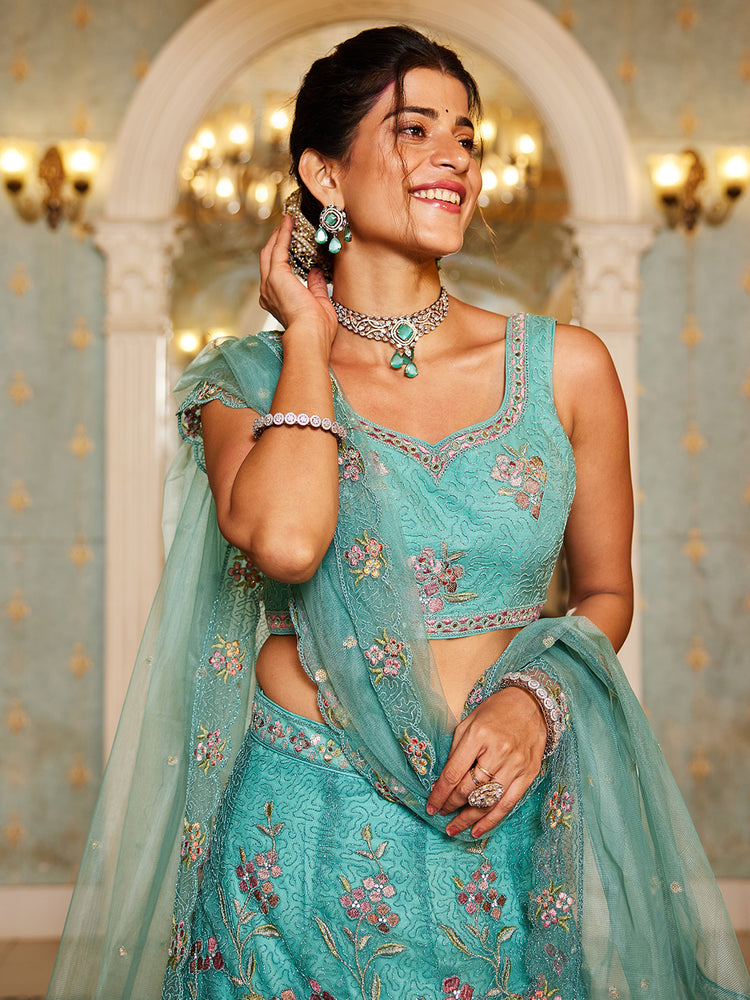 Lime Green Gorgeous Net Lehenga Choli Set with Heavy Sequins and Thread Embroidery ClothsVilla
