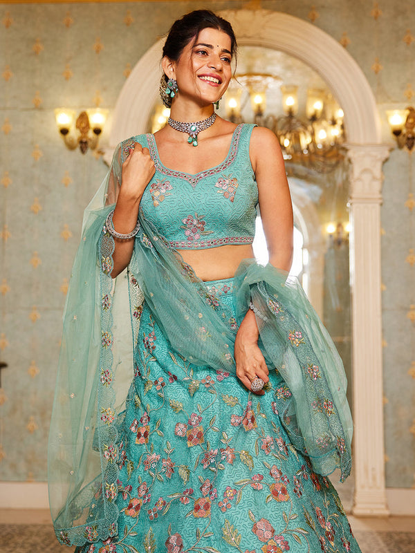 Lime Green Gorgeous Net Lehenga Choli Set with Heavy Sequins and Thread Embroidery ClothsVilla