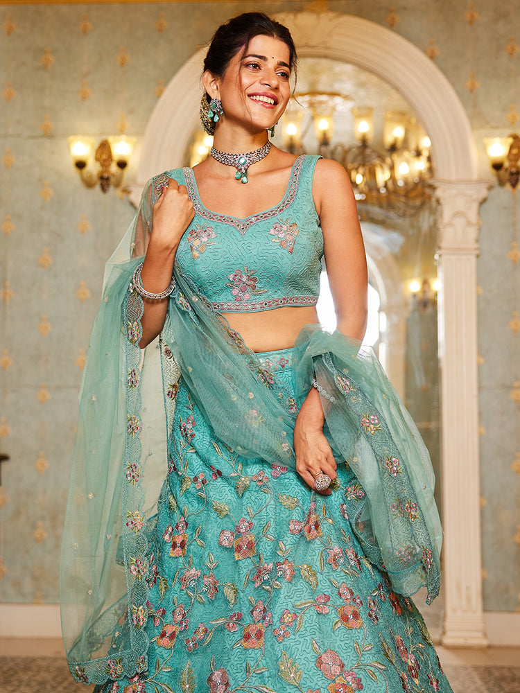 Lime Green Gorgeous Net Lehenga Choli Set with Heavy Sequins and Thread Embroidery ClothsVilla