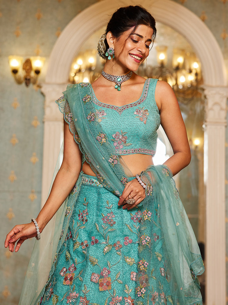 Lime Green Gorgeous Net Lehenga Choli Set with Heavy Sequins and Thread Embroidery ClothsVilla