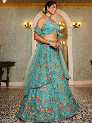 Lime Green Gorgeous Net Lehenga Choli Set with Heavy Sequins and Thread Embroidery ClothsVilla