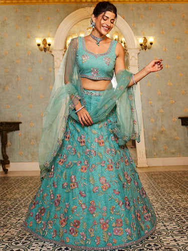Lime Green Gorgeous Net Lehenga Choli Set with Heavy Sequins and Thread Embroidery ClothsVilla