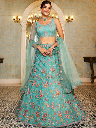 Lime Green Gorgeous Net Lehenga Choli Set with Heavy Sequins and Thread Embroidery ClothsVilla