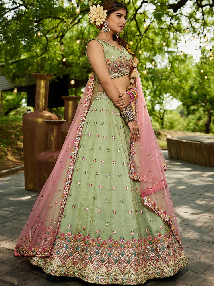 Lime Green Gorgeous Pure Georgette Tissue Lehenga Choli Set with Heavy Sequin & Thread Embroidery Work ClothsVilla