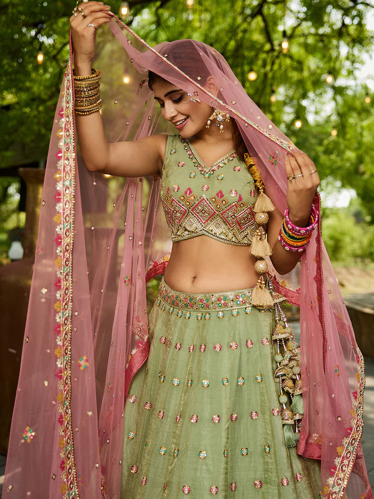 Lime Green Gorgeous Pure Georgette Tissue Lehenga Choli Set with Heavy Sequin & Thread Embroidery Work ClothsVilla