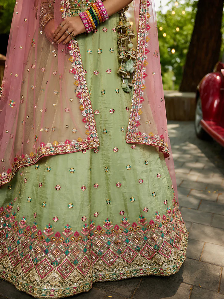 Lime Green Gorgeous Pure Georgette Tissue Lehenga Choli Set with Heavy Sequin & Thread Embroidery Work ClothsVilla