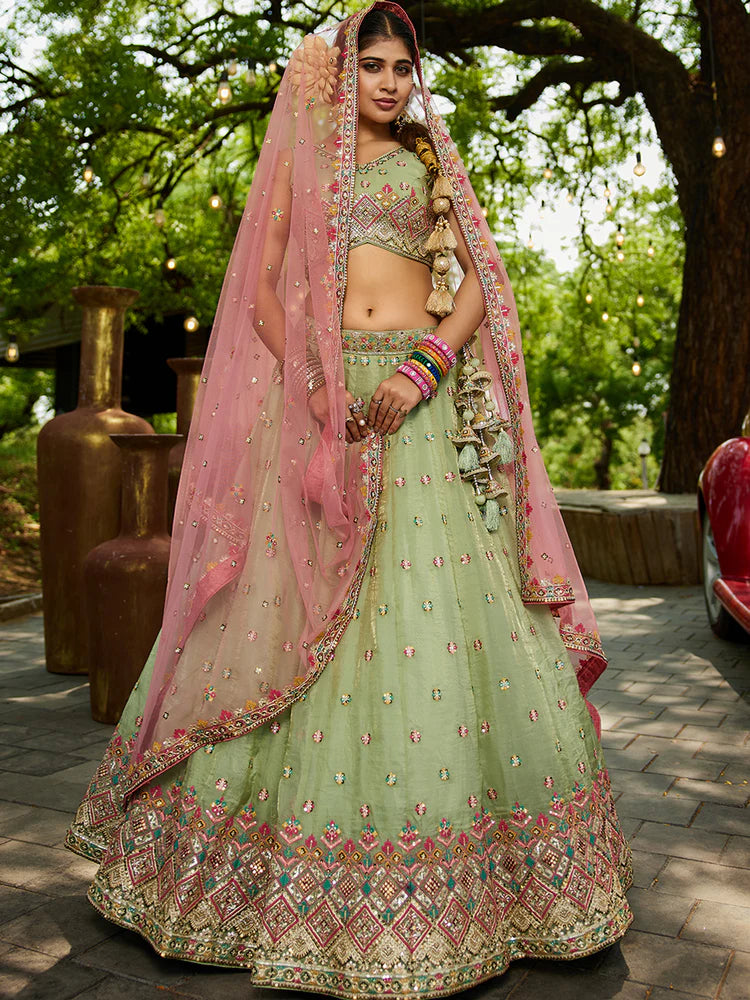 Lime Green Gorgeous Pure Georgette Tissue Lehenga Choli Set with Heavy Sequin & Thread Embroidery Work ClothsVilla