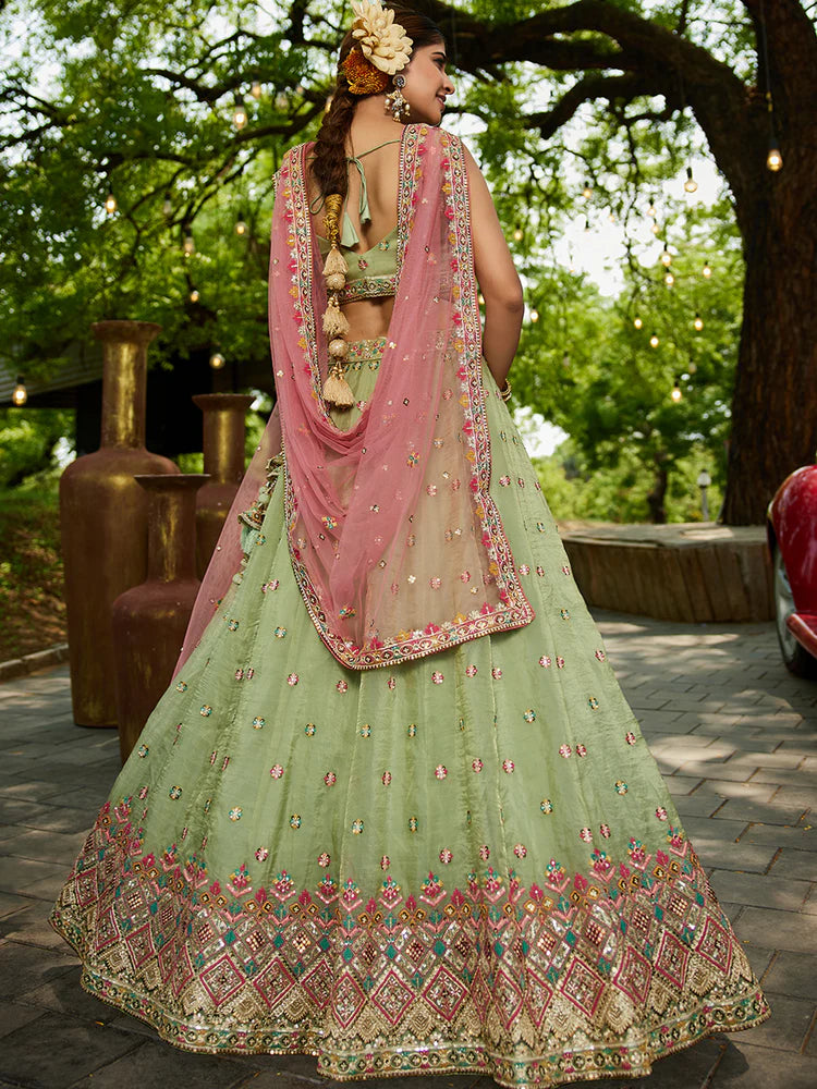 Lime Green Gorgeous Pure Georgette Tissue Lehenga Choli Set with Heavy Sequin & Thread Embroidery Work ClothsVilla