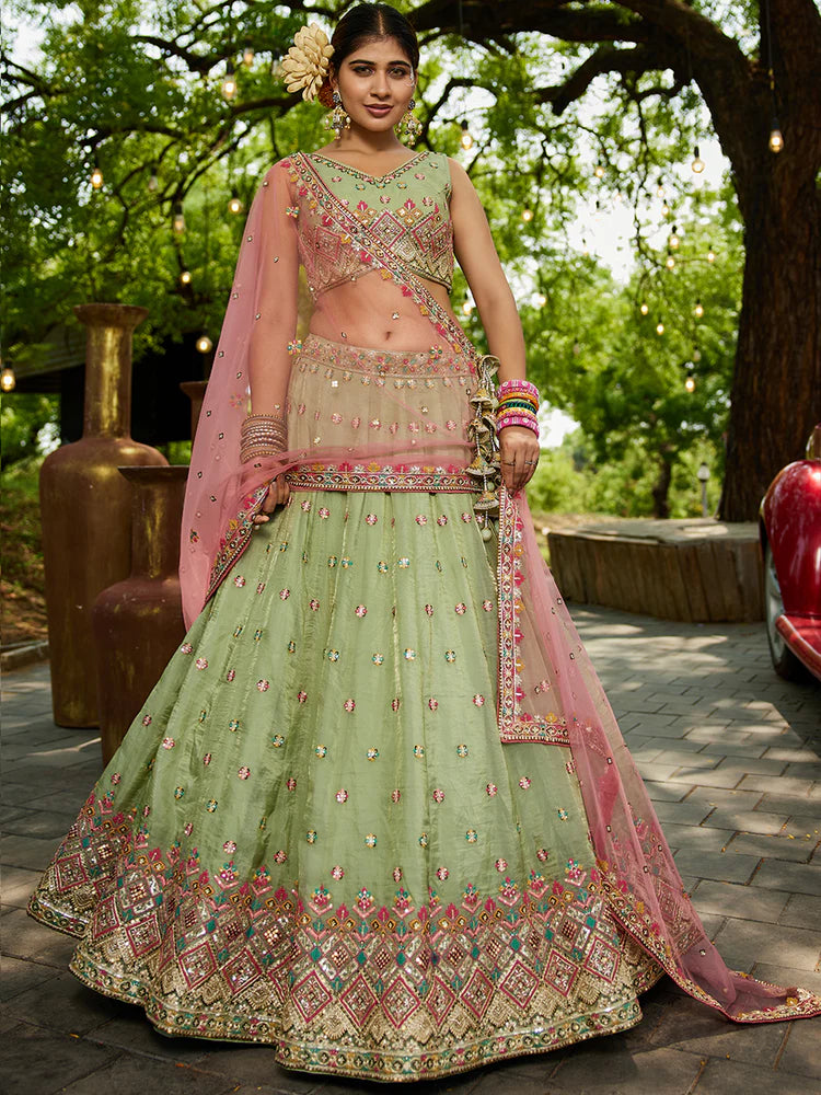Lime Green Gorgeous Pure Georgette Tissue Lehenga Choli Set with Heavy Sequin & Thread Embroidery Work ClothsVilla