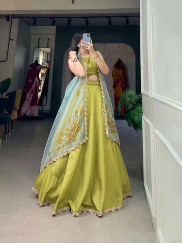 Lime Green Lehenga Choli Set with Organza Dupatta ClothsVilla