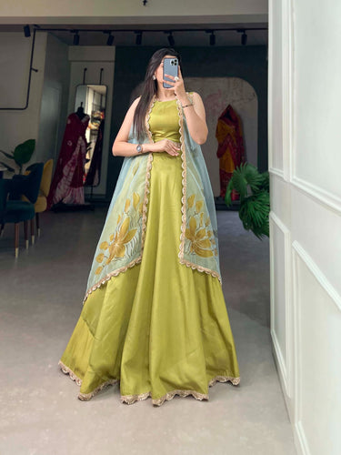 Lime Green Lehenga Choli Set with Organza Dupatta ClothsVilla