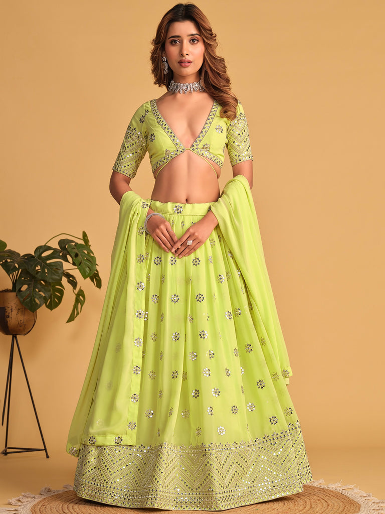 Lime Green Sequin Glamour Breathtaking Reception Lehenga Choli ClothsVilla