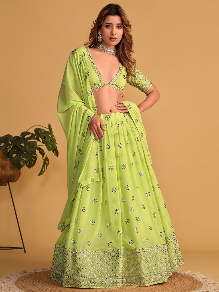 Lime Green Sequin Glamour Breathtaking Reception Lehenga Choli ClothsVilla