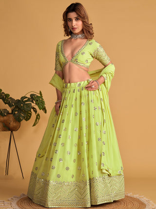 Lime Green Sequin Glamour Breathtaking Reception Lehenga Choli ClothsVilla