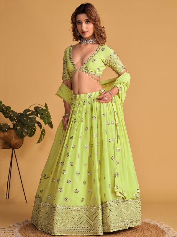 Lime Green Sequin Glamour Breathtaking Reception Lehenga Choli ClothsVilla