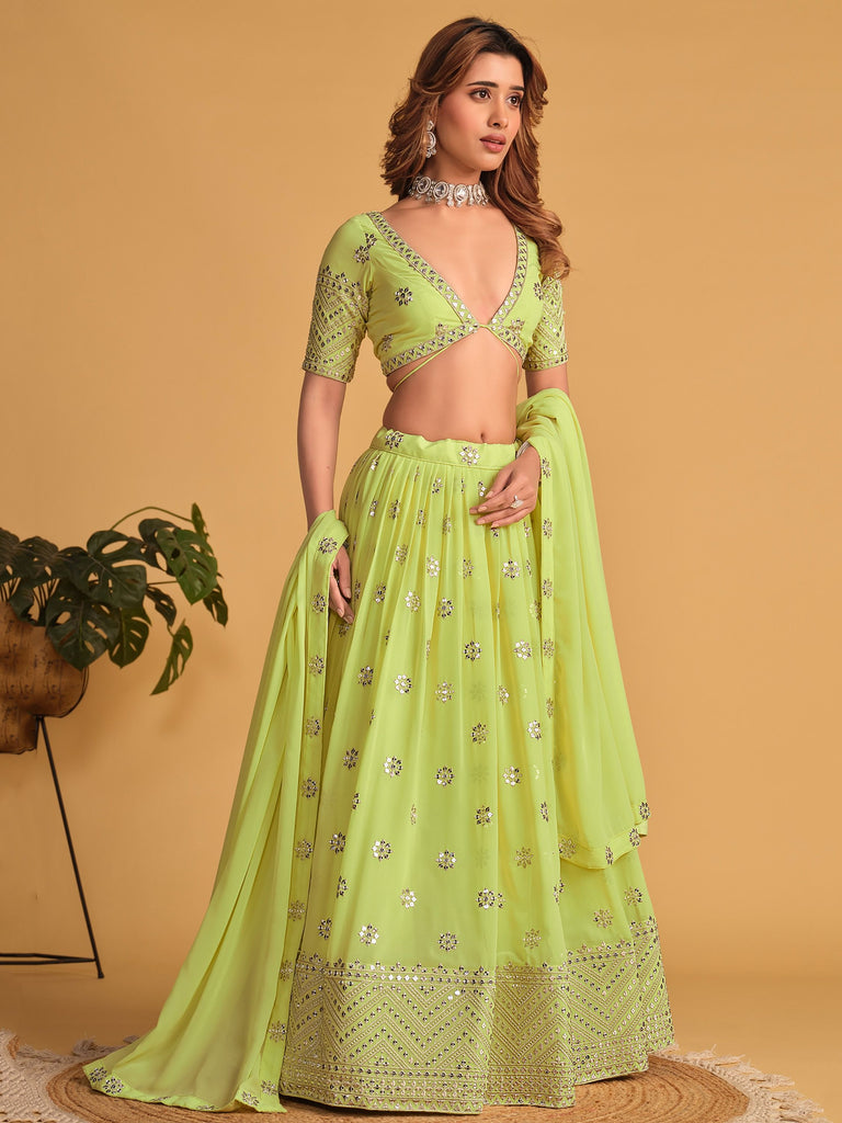 Lime Green Sequin Glamour Breathtaking Reception Lehenga Choli ClothsVilla