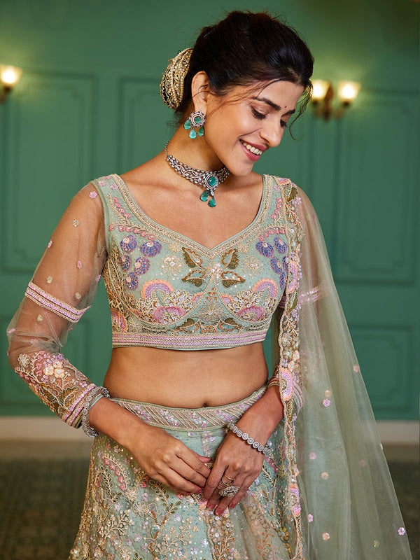 Lime Green Multi-Color Sequin Embroidered Net Lehenga Choli Dupatta Set ClothsVilla