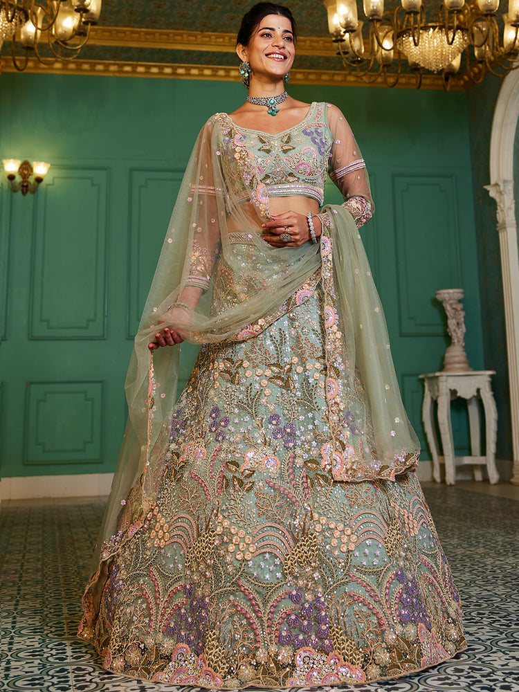 Lime Green Multi-Color Sequin Embroidered Net Lehenga Choli Dupatta Set ClothsVilla