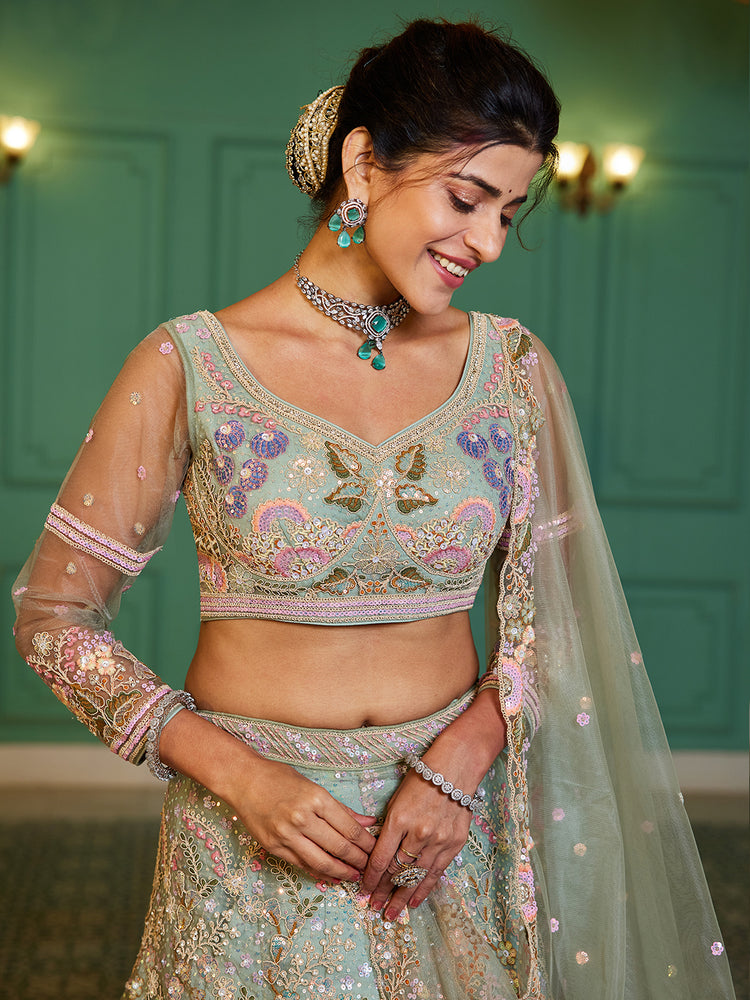 Lime Green Multi-Color Sequin Embroidered Net Lehenga Choli Dupatta Set ClothsVilla