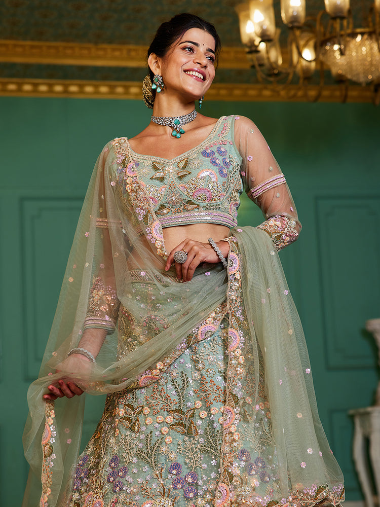 Lime Green Multi-Color Sequin Embroidered Net Lehenga Choli Dupatta Set ClothsVilla