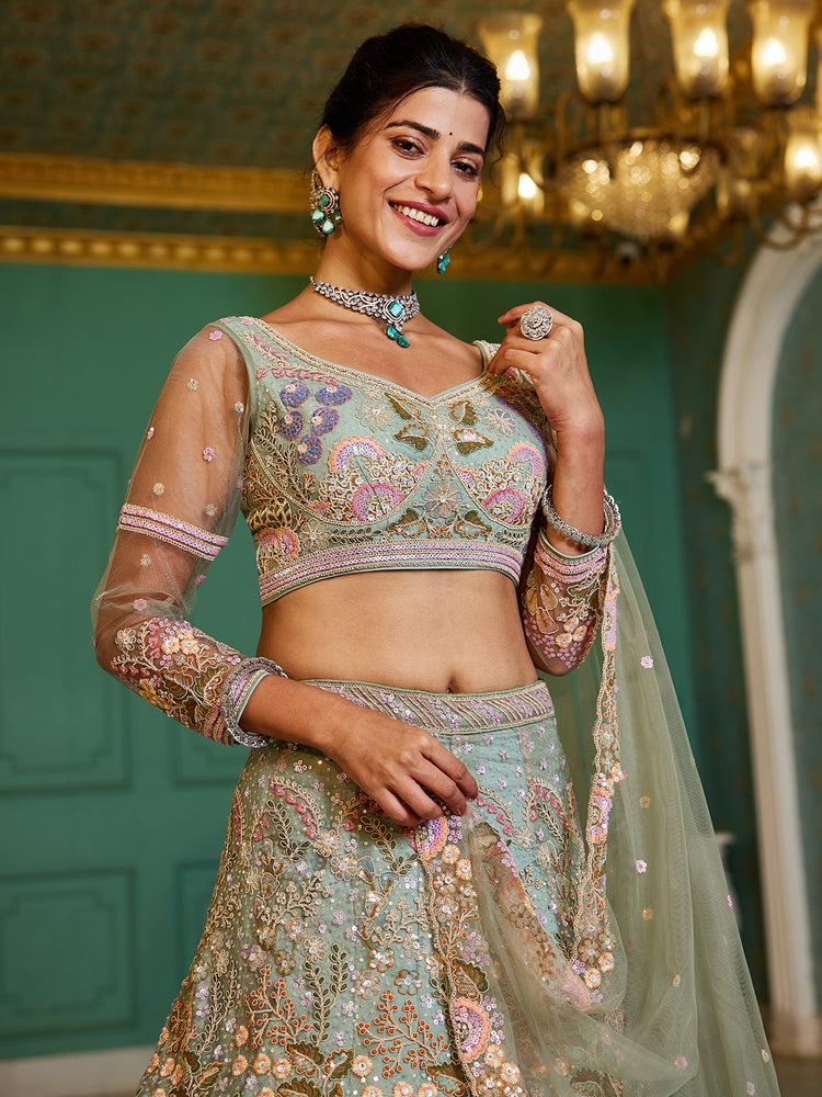 Lime Green Multi-Color Sequin Embroidered Net Lehenga Choli Dupatta Set ClothsVilla
