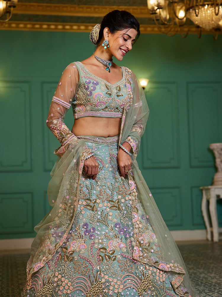 Lime Green Multi-Color Sequin Embroidered Net Lehenga Choli Dupatta Set ClothsVilla